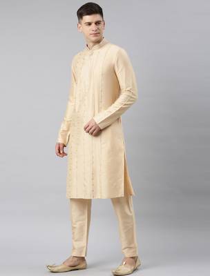 Grey chanderi silk jacket with cream kurta 4