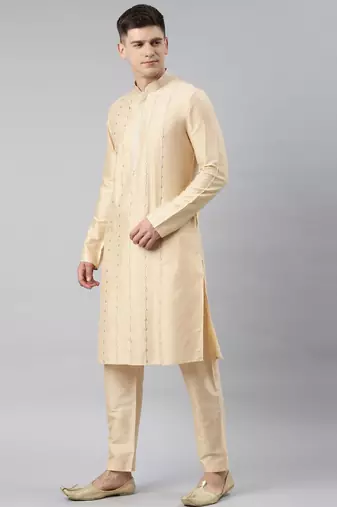 Grey chanderi silk jacket with cream kurta