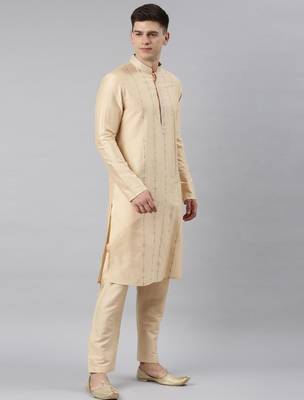 Grey chanderi silk jacket with cream kurta 5