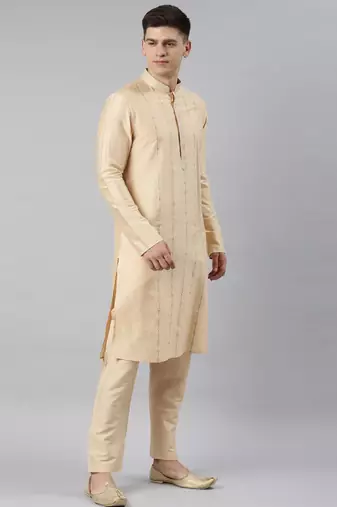 Grey chanderi silk jacket with cream kurta