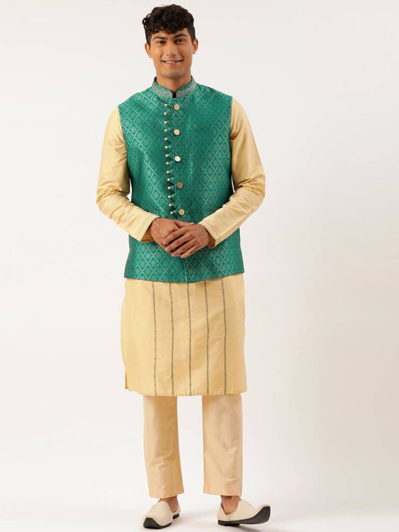 Sea green with golden floral jaal jacket with kurta set