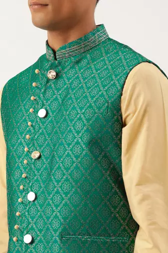 Sea green with golden floral jaal jacket with kurta set