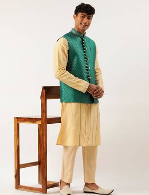 Sea green with golden floral jaal jacket with kurta set 5