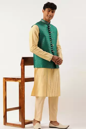 Sea green with golden floral jaal jacket with kurta set