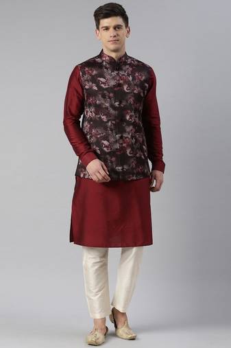 Maroon floral jacket with kurta set
