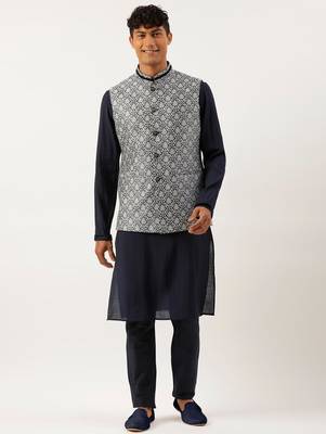 Grey jacquard jacket with mid night blue kurta set 1