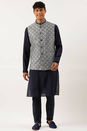 Grey jacquard jacket with mid night blue kurta set
