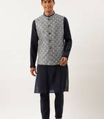 Grey jacquard jacket with mid night blue kurta set