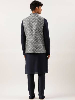 Grey jacquard jacket with mid night blue kurta set 2