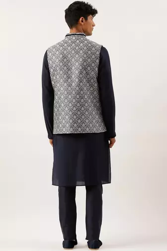 Grey jacquard jacket with mid night blue kurta set