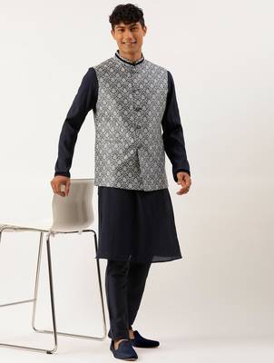 Grey jacquard jacket with mid night blue kurta set 3