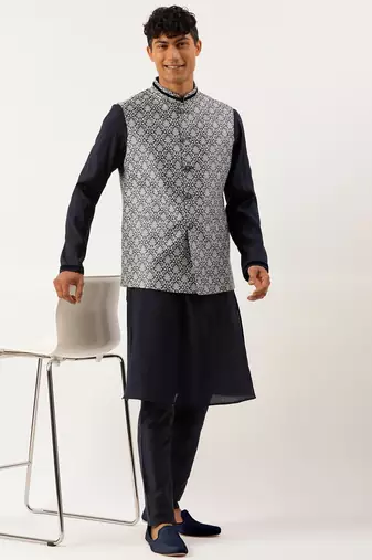 Grey jacquard jacket with mid night blue kurta set