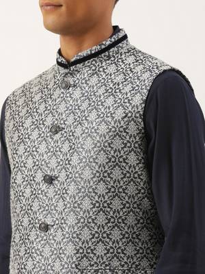 Grey jacquard jacket with mid night blue kurta set 4