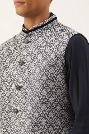 Grey jacquard jacket with mid night blue kurta set