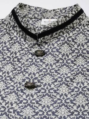 Grey jacquard jacket with mid night blue kurta set 5