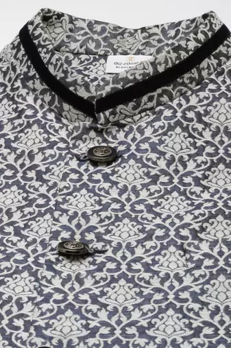 Grey jacquard jacket with mid night blue kurta set