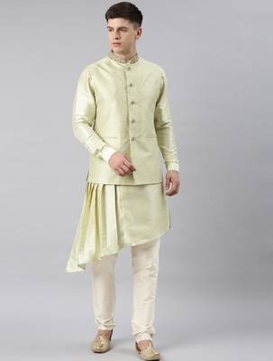 Mint green jacquard jacket with drape kurta 1