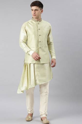 Mint green jacquard jacket with drape kurta