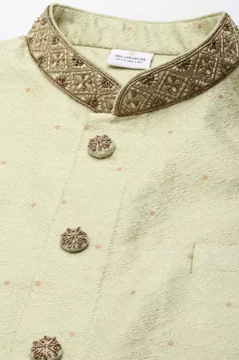Mint green jacquard jacket with drape kurta