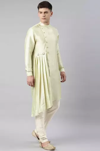 Mint green jacquard jacket with drape kurta