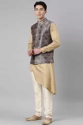 Printed jacket with self-design drape side-open kurta