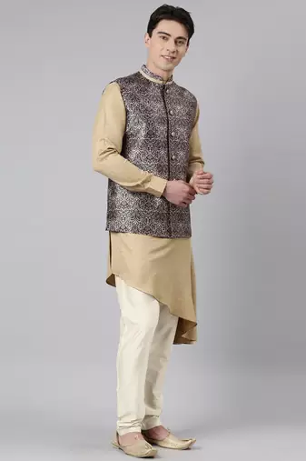 Printed jacket with self-design drape side-open kurta