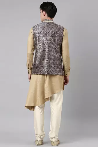 Printed jacket with self-design drape side-open kurta
