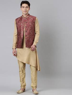 Printed jacket with self-design drape side-open kurta 1