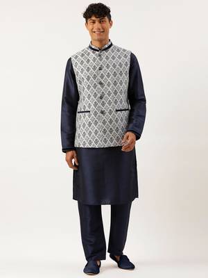 Grey navy jacquard jacket with navy kurta set 1
