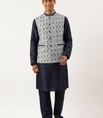 Grey navy jacquard jacket with navy kurta set