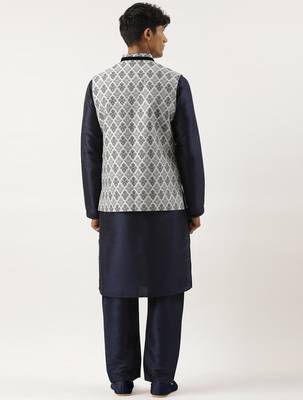 Grey navy jacquard jacket with navy kurta set 2
