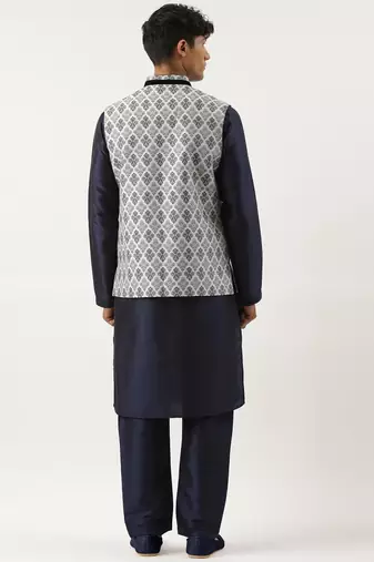 Grey navy jacquard jacket with navy kurta set