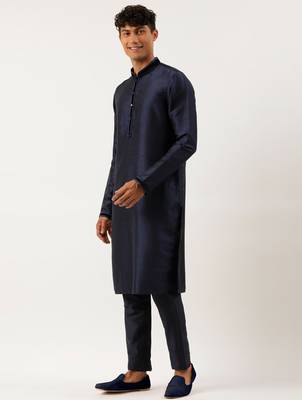 Grey navy jacquard jacket with navy kurta set 3
