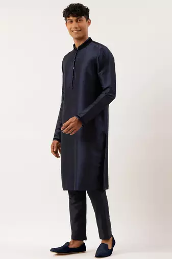 Grey navy jacquard jacket with navy kurta set
