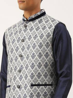 Grey navy jacquard jacket with navy kurta set 4