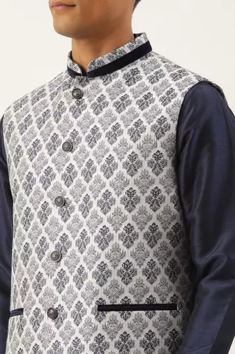 Grey navy jacquard jacket with navy kurta set