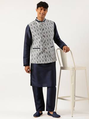 Grey navy jacquard jacket with navy kurta set 5