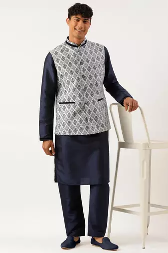 Grey navy jacquard jacket with navy kurta set