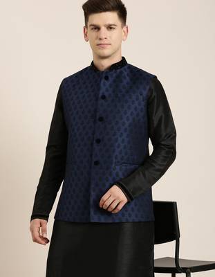 Navy jacquard black booti jacket with kurta set 1