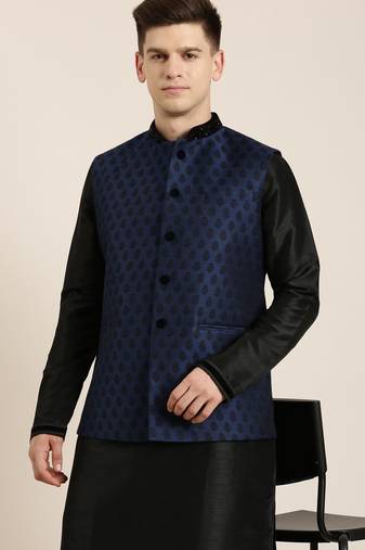 Navy jacquard black booti jacket with kurta set