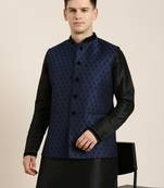 Navy jacquard black booti jacket with kurta set