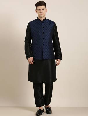 Navy jacquard black booti jacket with kurta set 2