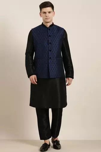 Navy jacquard black booti jacket with kurta set