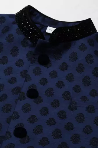 Navy jacquard black booti jacket with kurta set