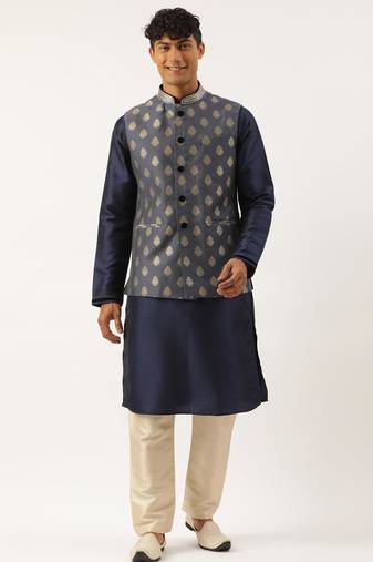 Navy jacquard gold booti jacket with navy kurta set