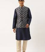 Navy jacquard gold booti jacket with navy kurta set