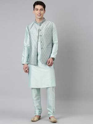 Light blue printed jacquard jacket w light blue kurta 1