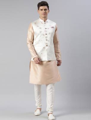 Cream peach jacquard jacket with peach kurta set 1