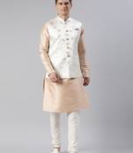 Cream peach jacquard jacket with peach kurta set