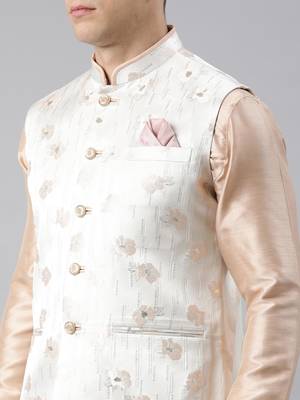 Cream peach jacquard jacket with peach kurta set 2